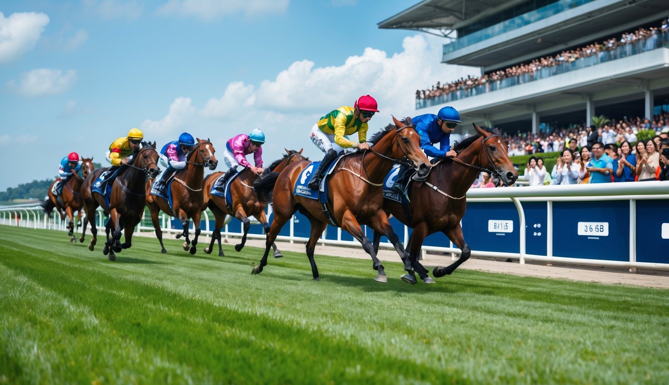 Balapan kuda di lintasan dengan joki yang mengenakan pakaian berwarna-warni dan penonton yang antusias di tribun.