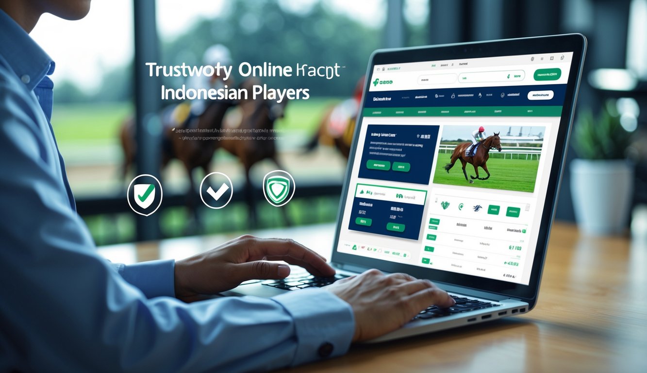 Seseorang sedang menggunakan laptop dengan tampilan situs balap kuda online di meja kerja modern.