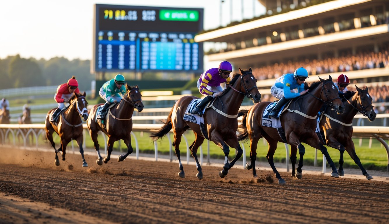 Beberapa kuda pacu dengan joki berwarna-warni berlomba di lintasan balap kuda dengan penonton di tribun stadion.