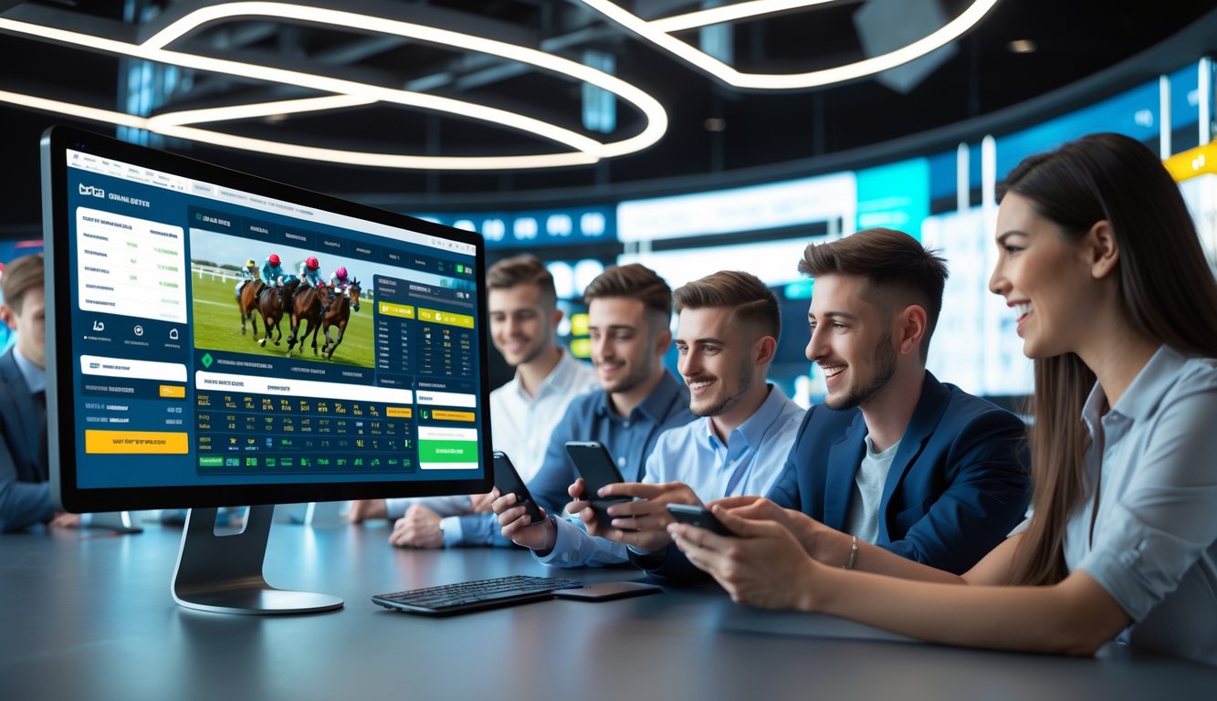 Beberapa orang muda sedang menggunakan komputer dan perangkat digital untuk memasang taruhan balap kuda secara online dengan latar belakang teknologi modern.