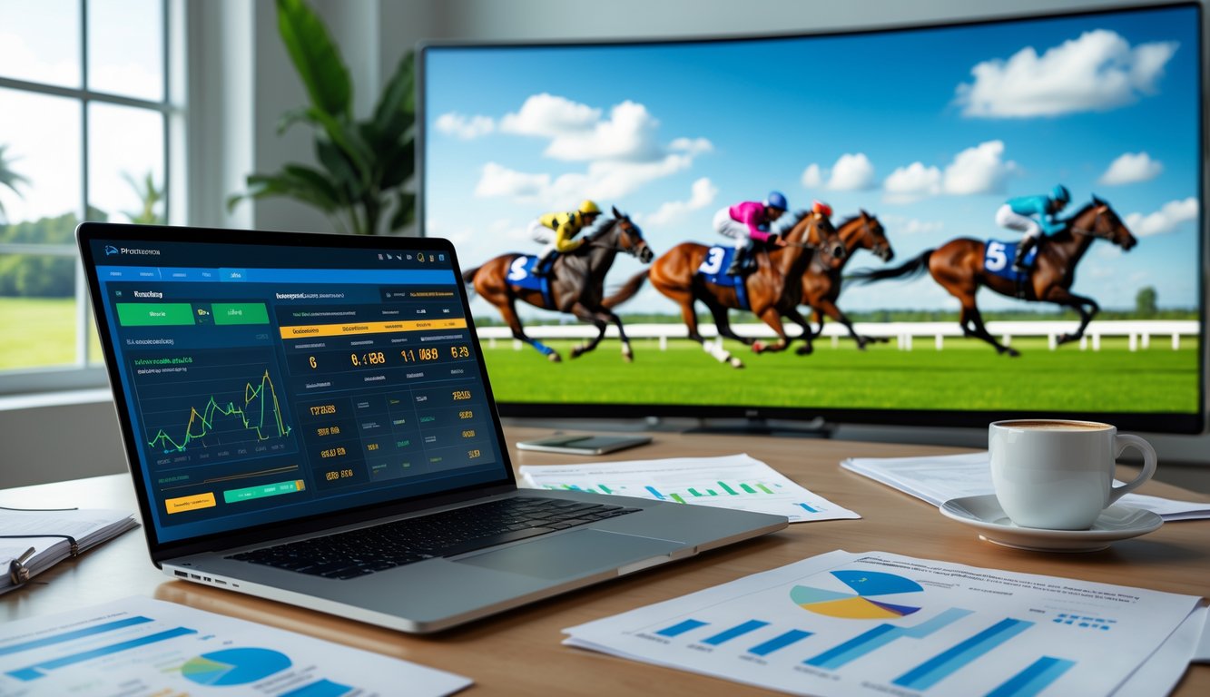 Seorang profesional sedang menganalisis data balap kuda secara online di depan laptop dengan layar menampilkan statistik dan grafik balap kuda.
