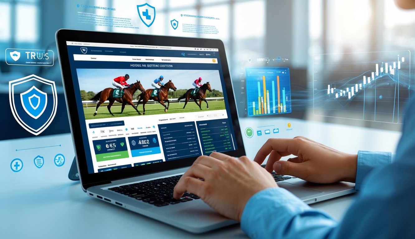 Seseorang menggunakan laptop untuk memasang taruhan balap kuda online di lingkungan kerja modern.