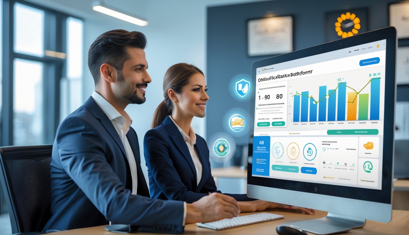 Dua orang profesional sedang melihat layar komputer di kantor modern yang menampilkan platform taruhan balap kuda online dengan suasana yang terpercaya dan efisien.