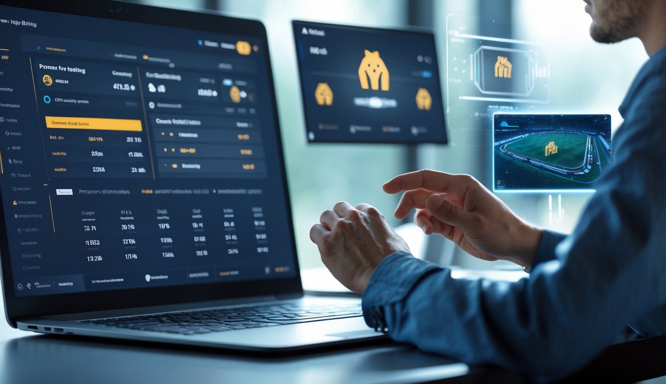 Seorang profesional menggunakan komputer untuk memasang taruhan balap kuda secara online dengan tampilan data dan grafik balap kuda di layar.
