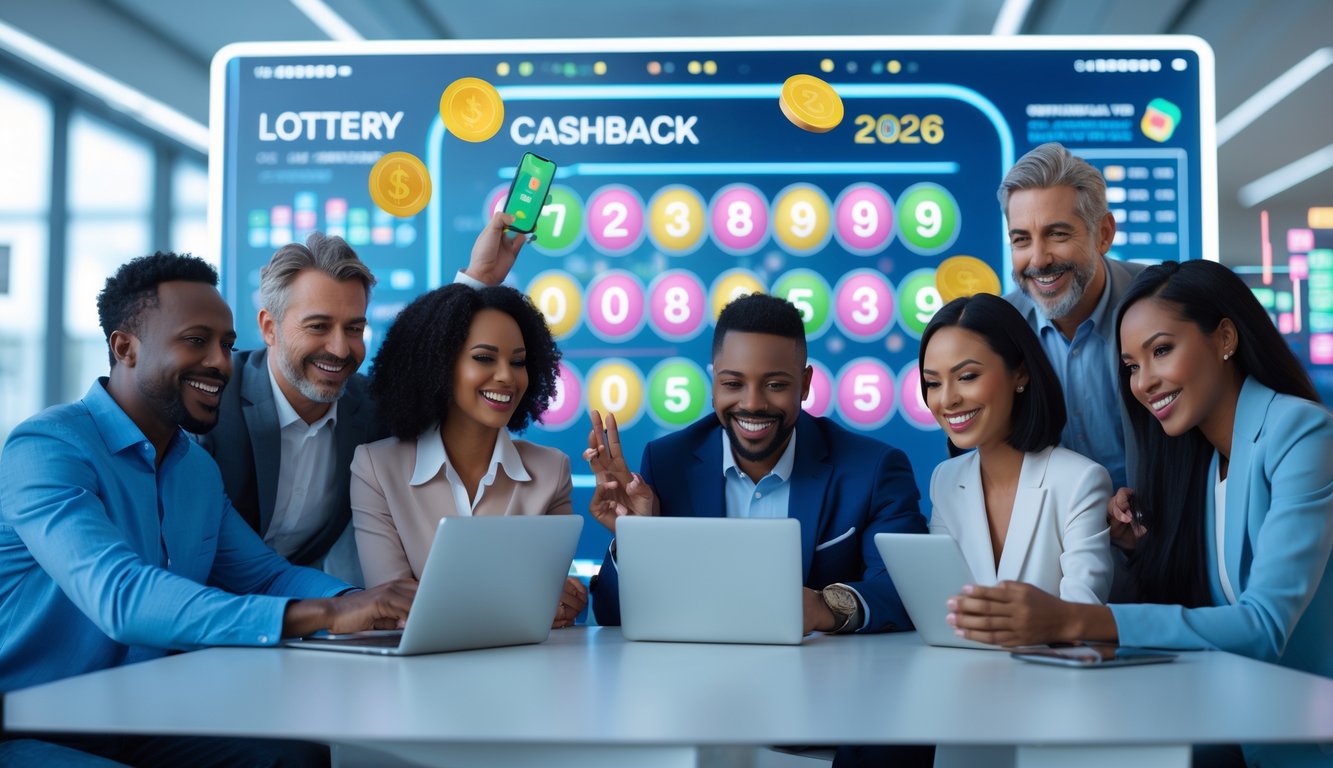 Sekelompok orang sedang menggunakan perangkat digital di ruangan modern dengan layar menampilkan angka lotere dan grafik cashback.