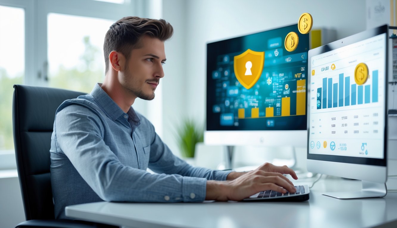 Seorang pria muda duduk di meja kerja dengan laptop, melihat layar yang menampilkan grafik dan angka, di ruangan kantor rumah yang terang dan rapi.