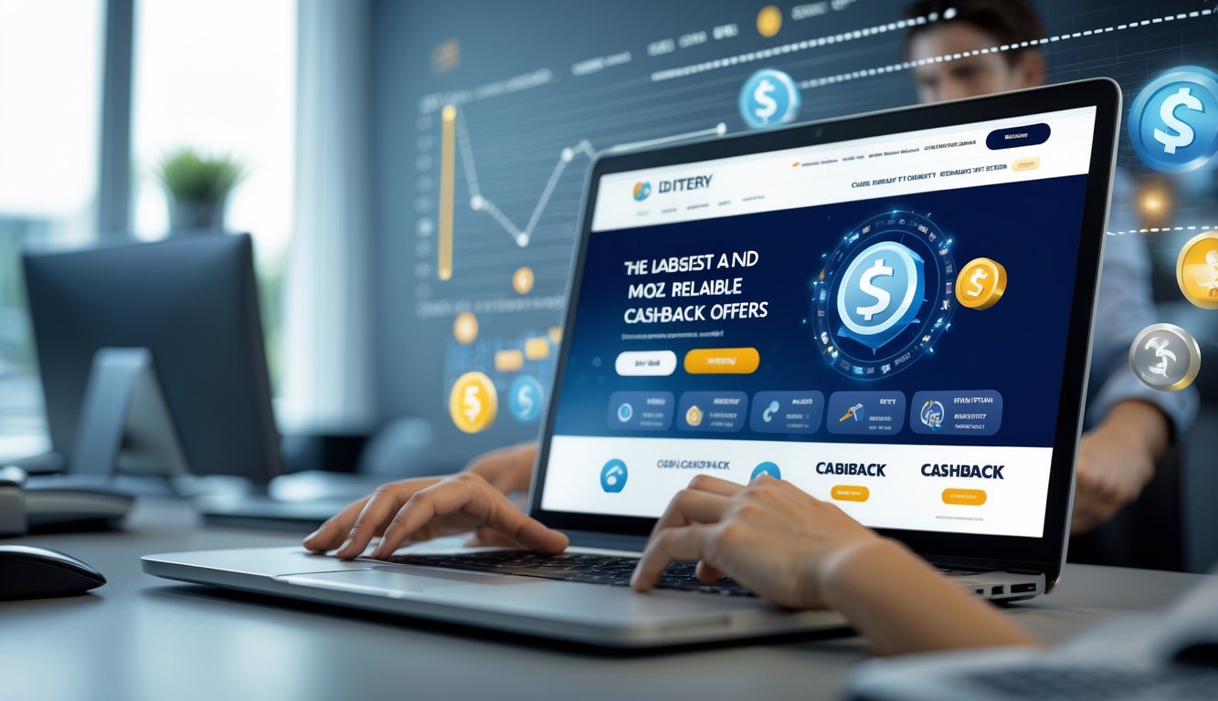 Seorang profesional menggunakan laptop di ruang kerja modern yang bersih dengan tampilan situs web terkait lotere online dan simbol cashback.