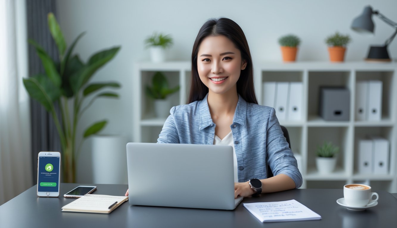 Seorang wanita muda duduk di meja kerja dengan laptop, tersenyum di ruang kerja yang rapi dan terang.