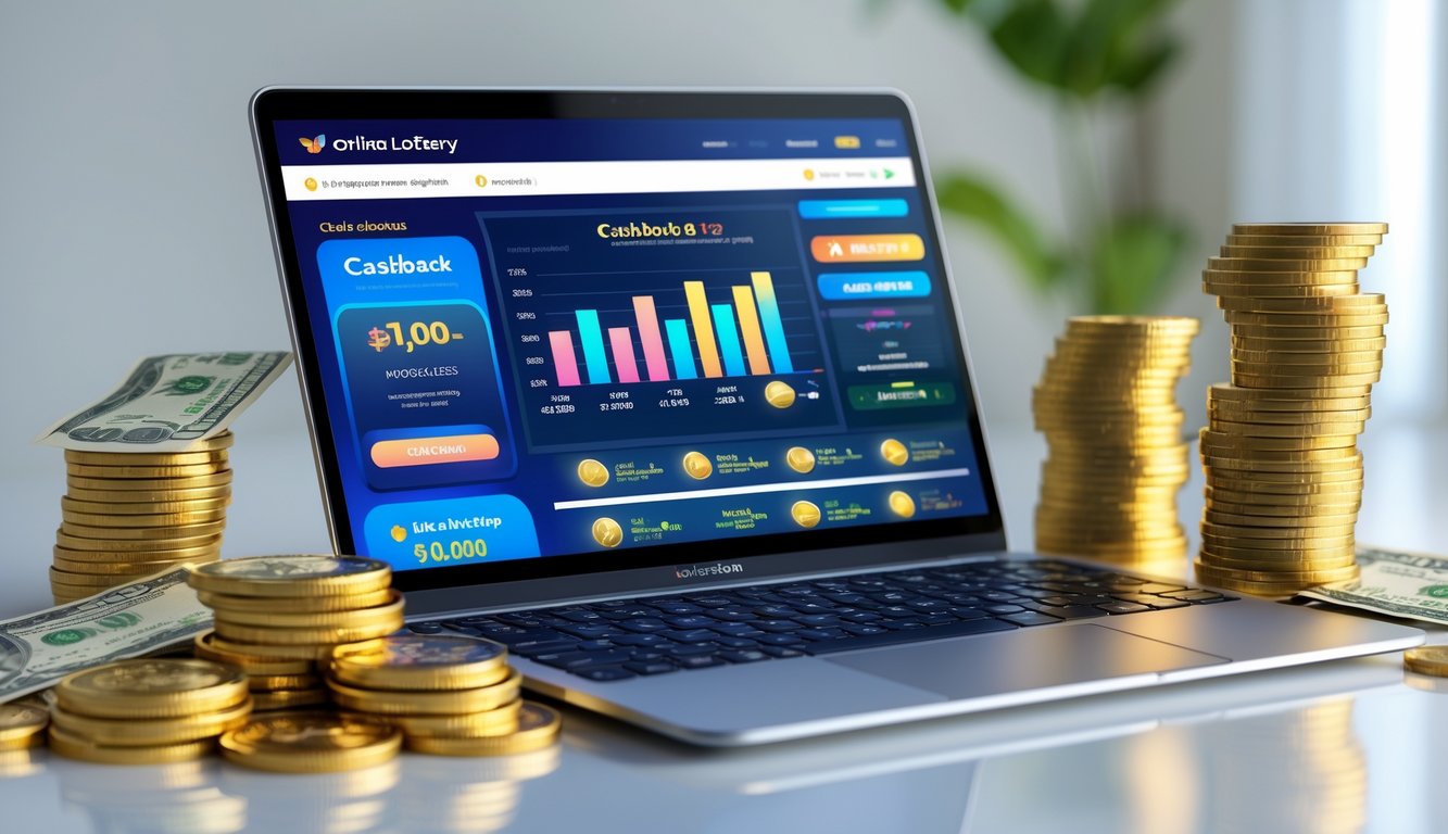 Meja kerja dengan laptop yang menampilkan situs togel online, tumpukan uang dan koin emas di sekitarnya, serta ponsel dengan aplikasi dompet digital terbuka.
