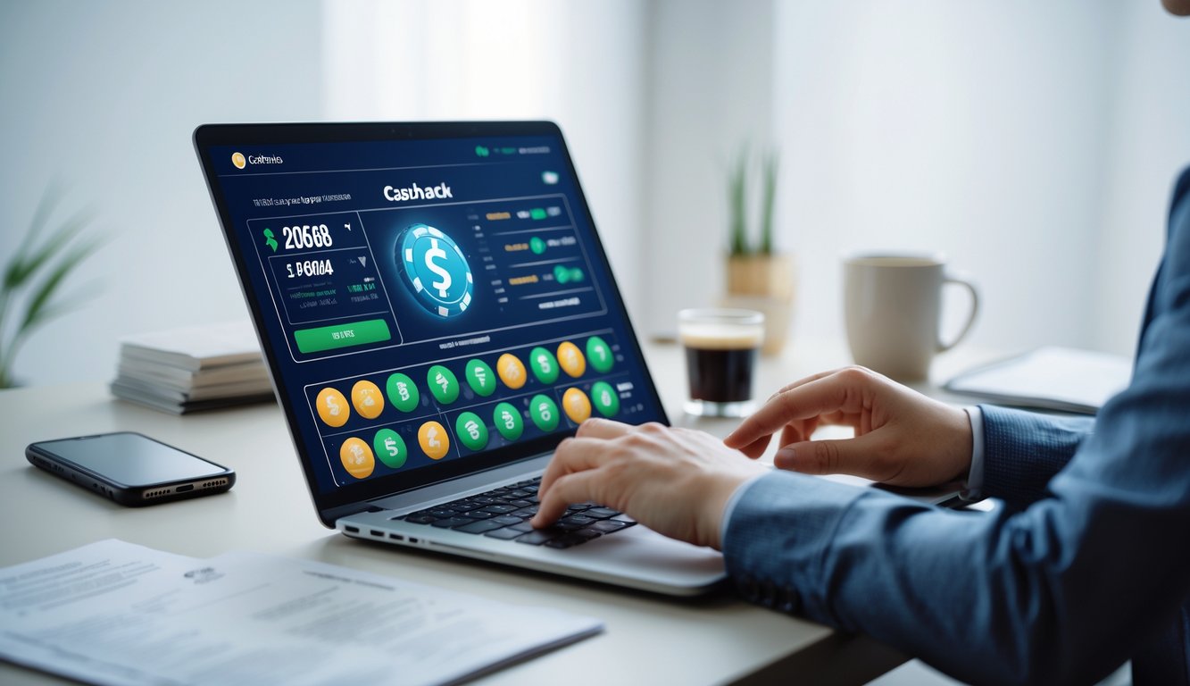 Seseorang sedang menggunakan laptop dengan tampilan antarmuka taruhan online dan grafik cashback di meja kerja yang rapi.