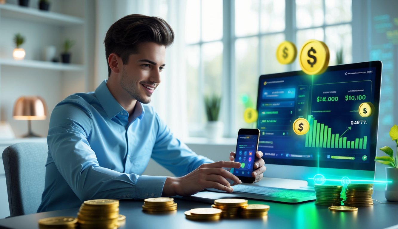 Seorang dewasa muda menggunakan laptop dan ponsel di ruang kerja modern dengan tumpukan koin dan grafik keuangan di meja.