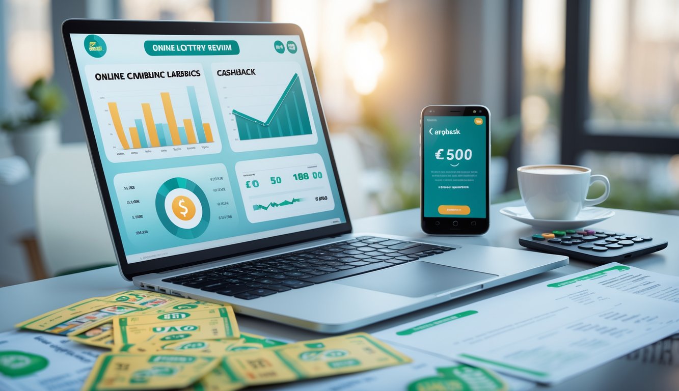 Meja kerja modern dengan laptop, ponsel, dan dokumen yang menunjukkan aktivitas terkait ulasan togel online dan keuntungan cashback.