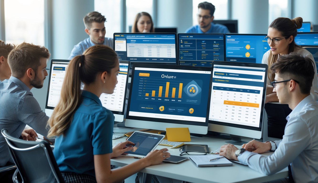 Sekelompok orang muda sedang bekerja di kantor modern dengan komputer dan ponsel, menganalisis data terkait permainan togel online.