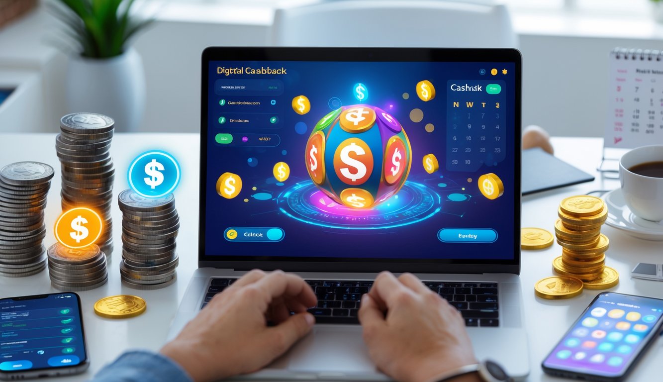 Seseorang menggunakan laptop di meja kerja dengan simbol uang dan cashback di sekitarnya.