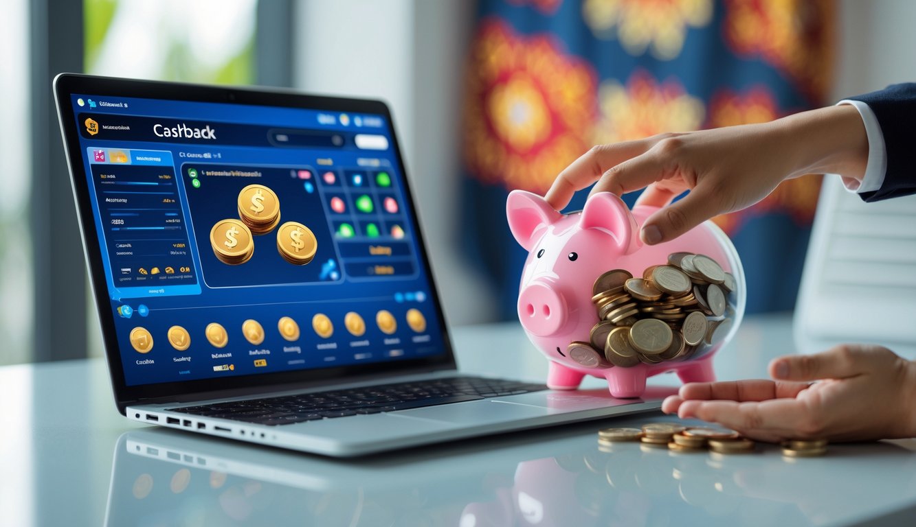 Seorang pengguna komputer dengan laptop yang menampilkan antarmuka permainan togel online dan sebuah celengan transparan berisi koin di meja.