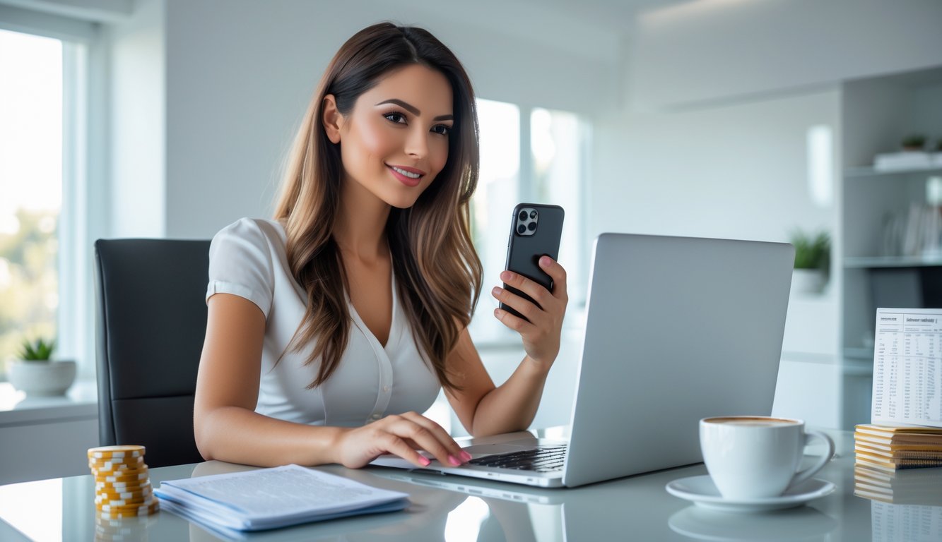Seorang wanita muda duduk di meja kerja dengan laptop dan ponsel, terlihat fokus dan percaya diri di ruang kerja yang rapi dan terang.