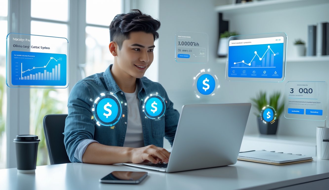 Seorang dewasa muda menggunakan laptop di meja kerja dengan tampilan antarmuka digital mengambang yang menunjukkan grafik dan ikon transaksi cashback.