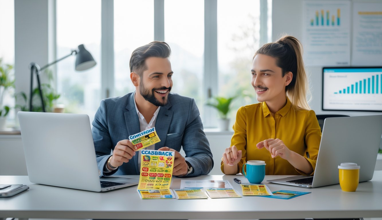 Seorang pria dan wanita duduk di meja dengan laptop, bermain togel online sambil tersenyum di ruang kerja yang terang.