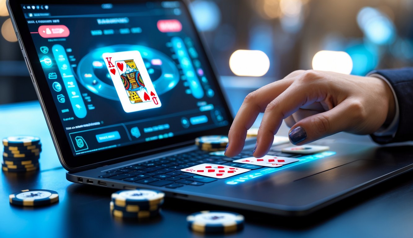 Seseorang bermain blackjack online dengan laptop dan chip taruhan di meja.