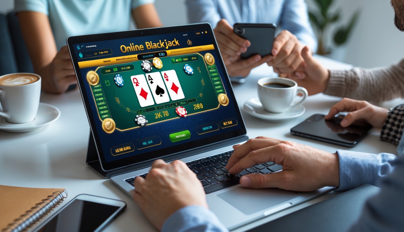 Beberapa orang bermain blackjack online menggunakan laptop dengan kartu dan chip terlihat jelas di layar.
