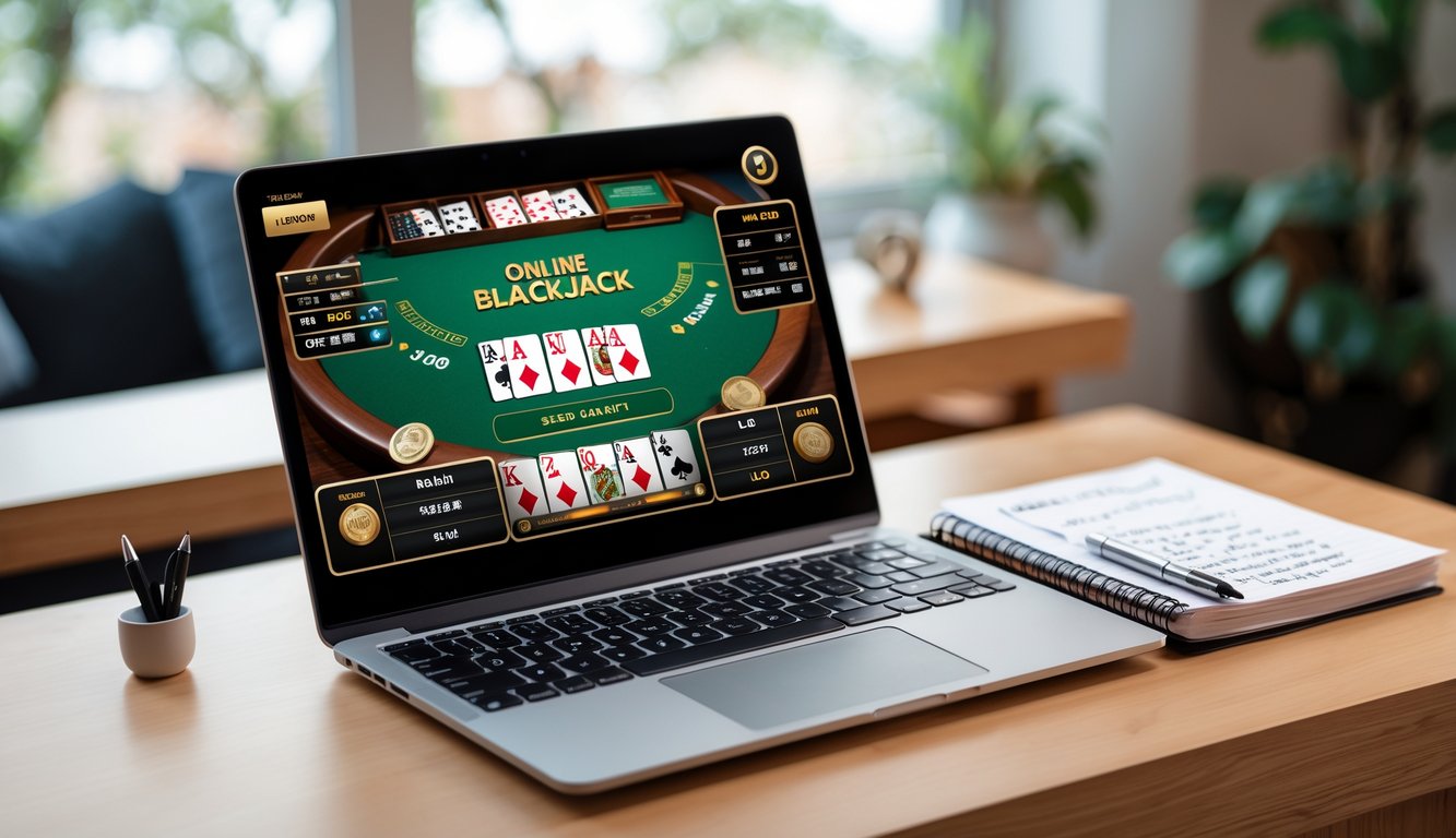 Seorang pengguna sedang bermain blackjack online di laptop dengan catatan dan pena di meja dalam ruangan yang nyaman.