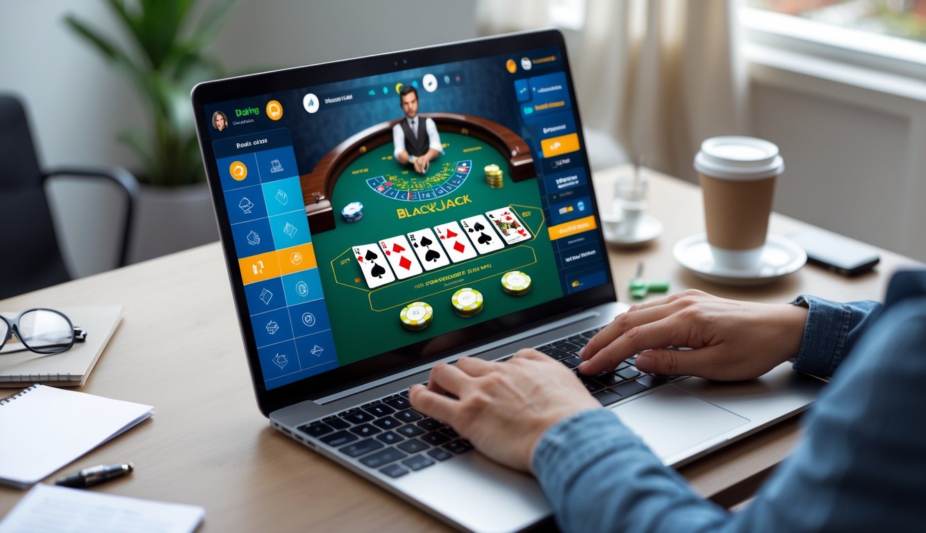 Seorang pemain menggunakan laptop untuk bermain blackjack online dengan kartu dan chip terlihat di layar, di meja terdapat cangkir kopi dan alat tulis.