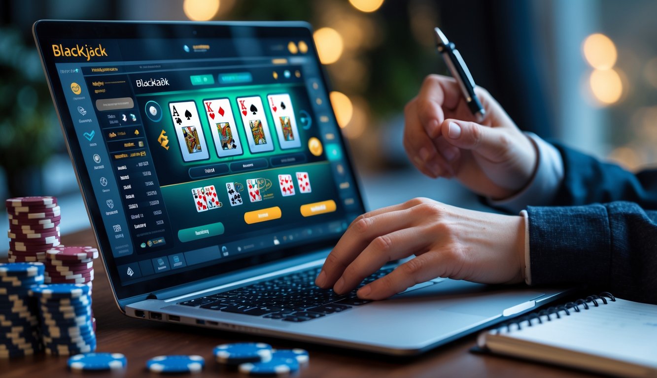Seseorang bermain blackjack online di depan komputer dengan tumpukan chip dan buku catatan di meja.