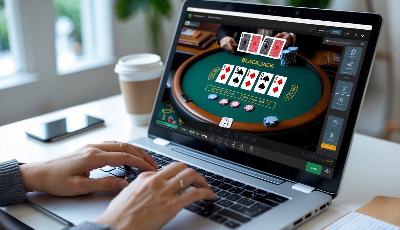 Seseorang bermain blackjack online di depan komputer dengan kartu dan chip terlihat jelas di layar.