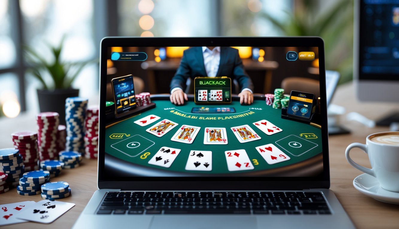 Sebuah meja dengan komputer yang menampilkan permainan blackjack online, kartu dan chip poker tertata rapi di sekitar layar.