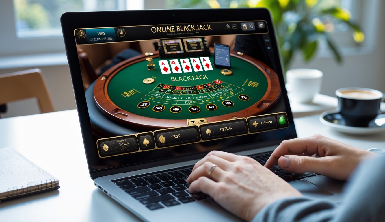 Seseorang sedang bermain permainan blackjack online di laptop dengan kartu dan chip terlihat di layar.