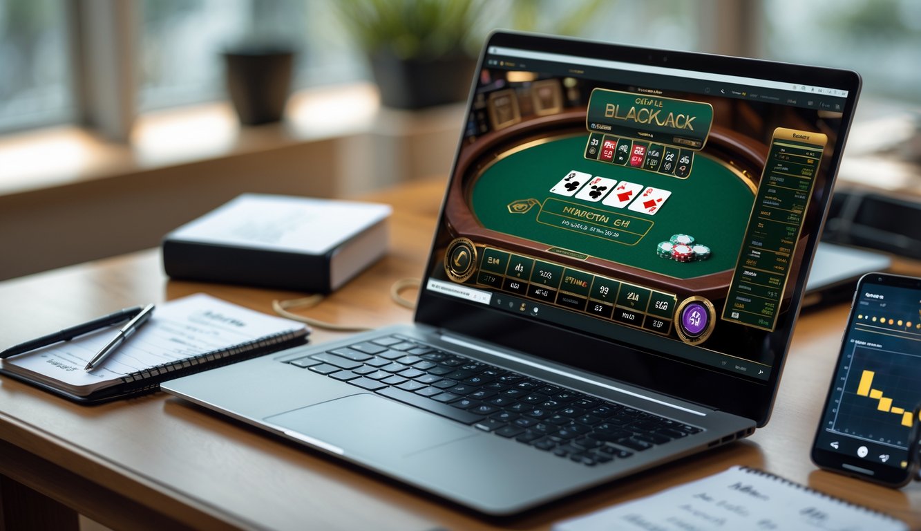 Seorang pemain menggunakan laptop untuk bermain blackjack online dengan kartu dan chip terlihat di layar, di atas meja kayu dengan catatan strategi dan ponsel di sampingnya.