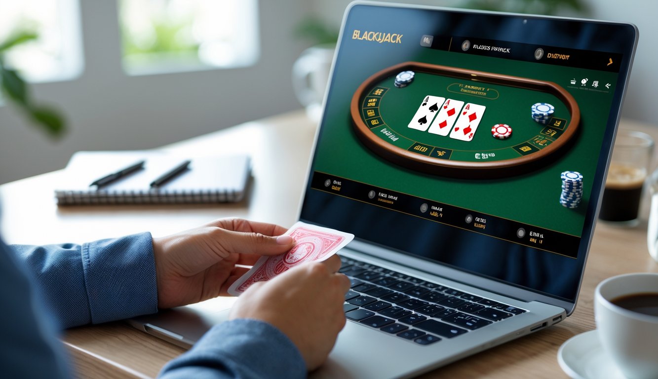 Seseorang sedang bermain blackjack online di depan laptop dengan kartu dan chip terlihat jelas di layar.