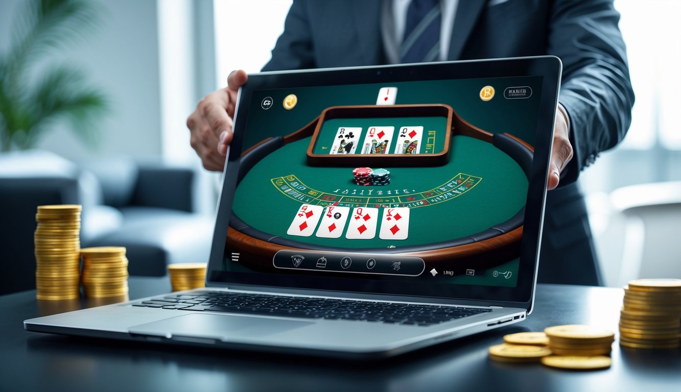 Seseorang menggunakan komputer dengan tampilan permainan blackjack online di layar, suasana modern dan profesional.