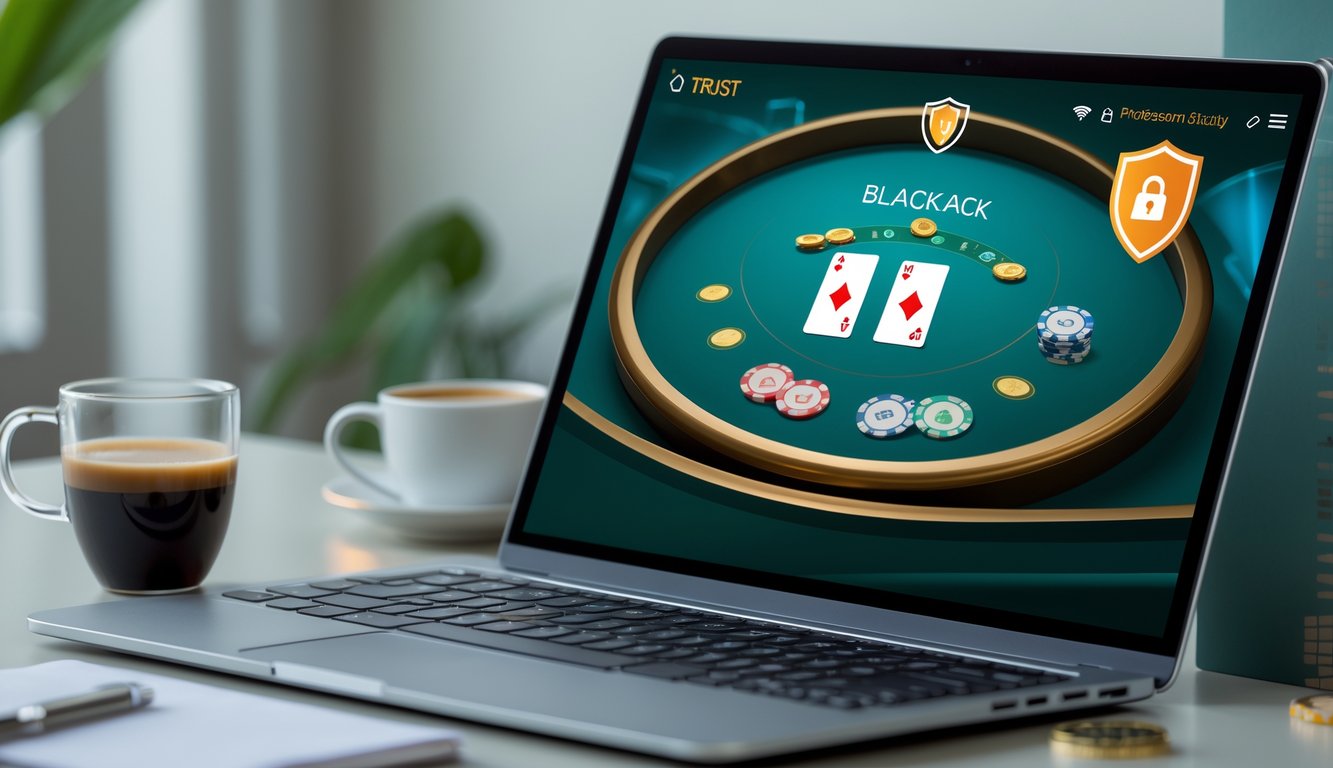Seorang pemain sedang menggunakan komputer dengan tampilan permainan blackjack online yang terlihat jelas dan aman di meja kerja yang rapi.