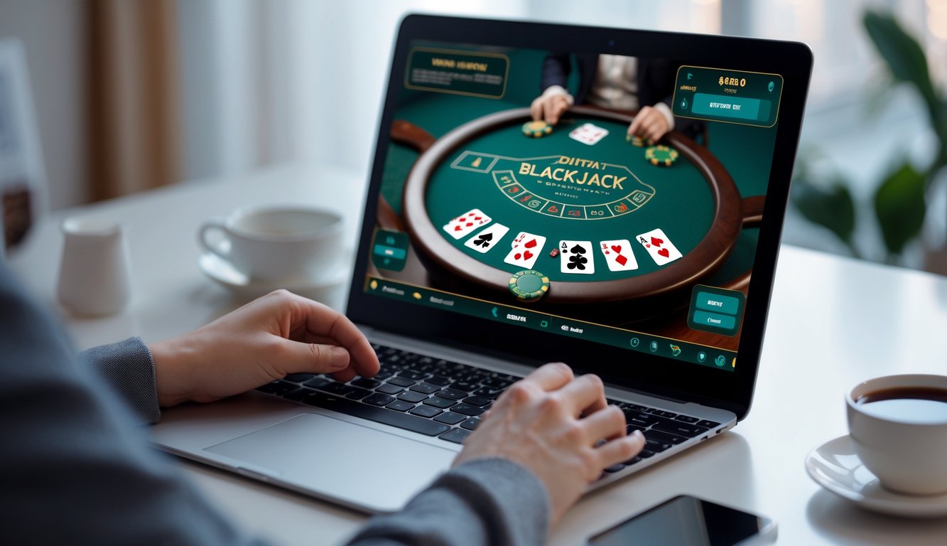 Tangan seseorang sedang bermain blackjack online di layar komputer dengan kartu dan chip terlihat jelas.