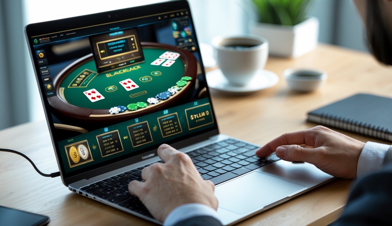 Seorang pemain sedang bermain blackjack online di komputer dengan kartu dan chip terlihat di layar.