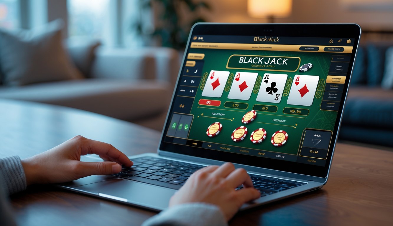 Seseorang bermain blackjack online di laptop dengan suasana ruangan yang nyaman dan pencahayaan lembut.