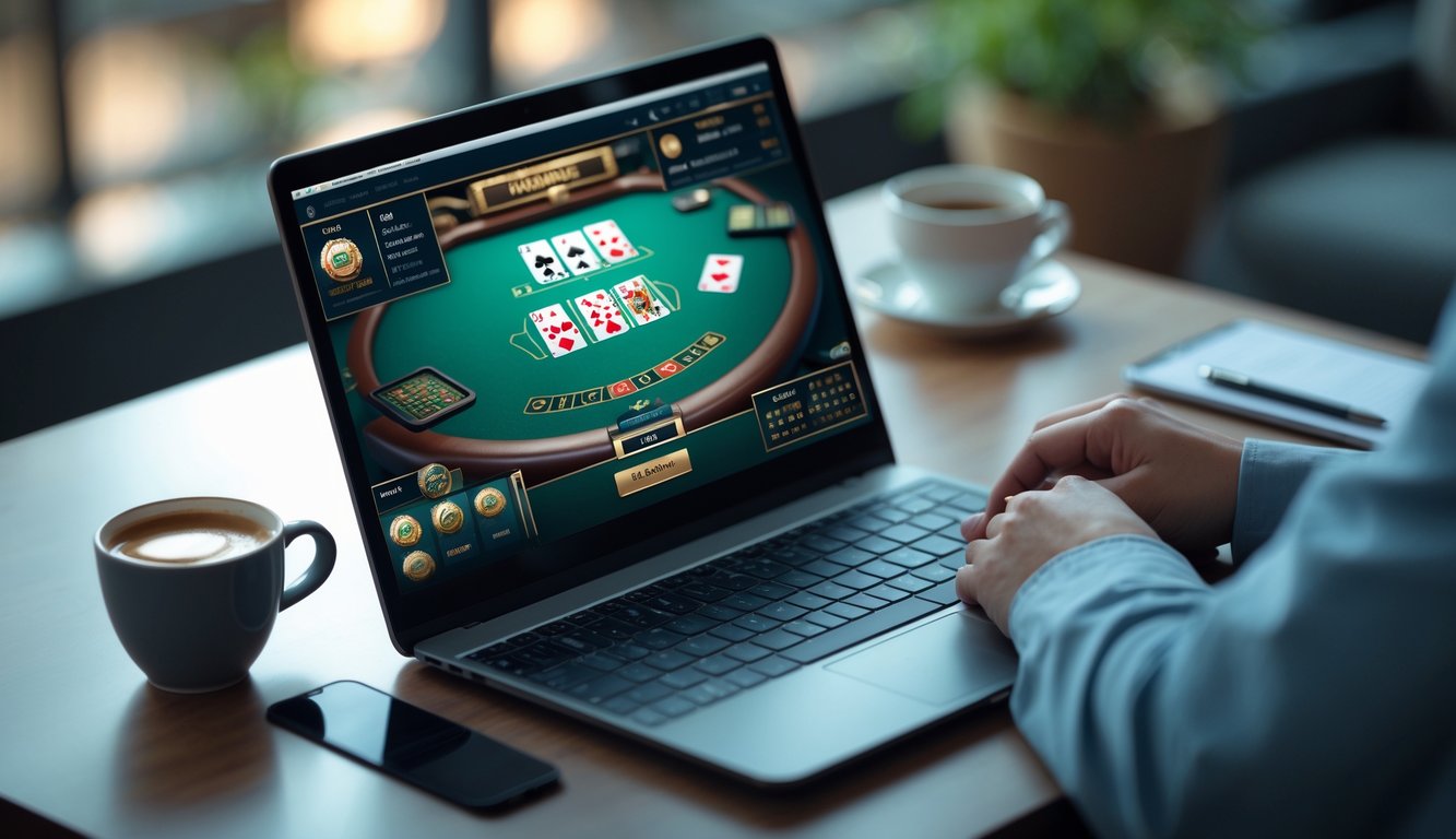 Seorang pemain sedang bermain blackjack online di depan komputer dengan suasana yang nyaman dan fokus.