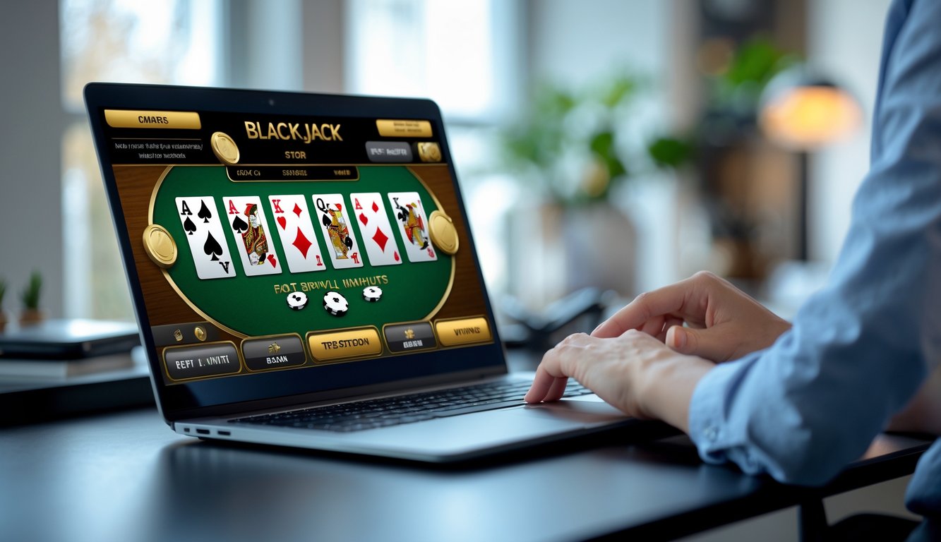 Seseorang menggunakan laptop dengan permainan blackjack online yang terlihat di layar, di meja kerja dalam ruangan yang terang.