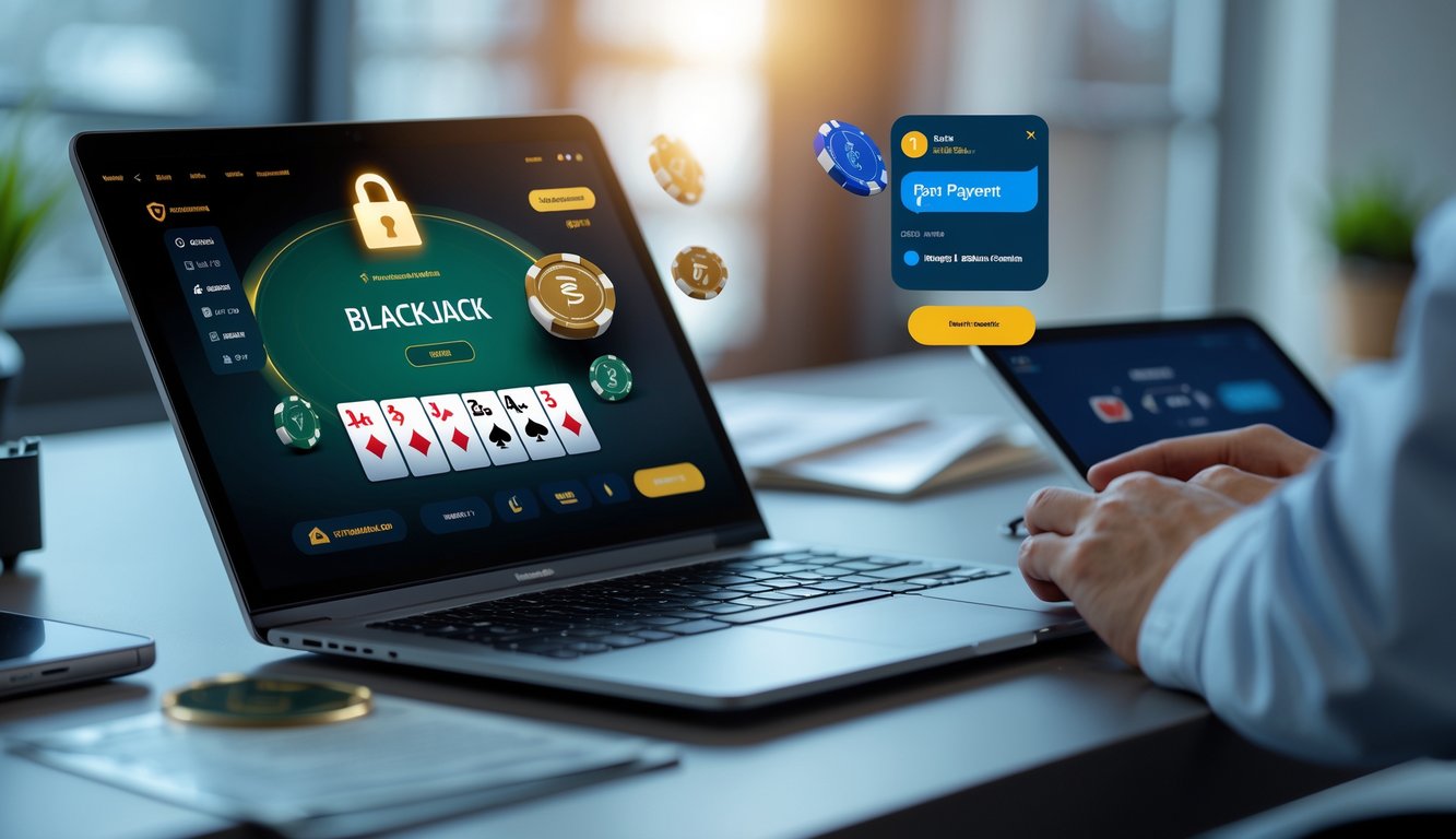 Seorang pemain sedang menggunakan laptop dengan tampilan permainan blackjack online, di meja kerja yang rapi dengan ponsel dan dokumen di sekitarnya.