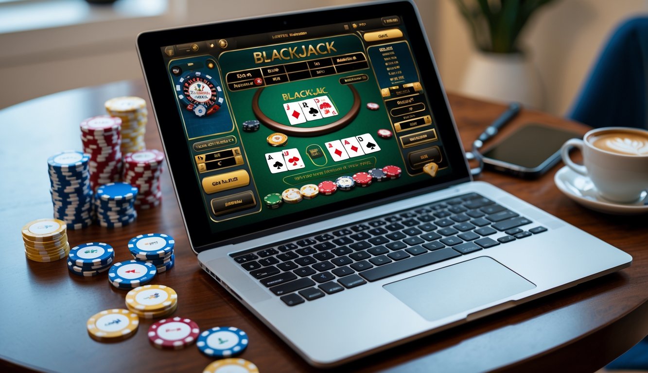 Sebuah laptop menampilkan permainan blackjack online dengan kartu dan chip di meja kayu, dikelilingi oleh chip poker dan ponsel, suasana tenang dan fokus.