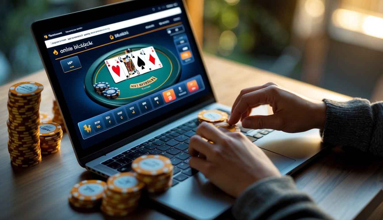 Seseorang bermain blackjack online di depan laptop dengan kartu dan chip di meja.
