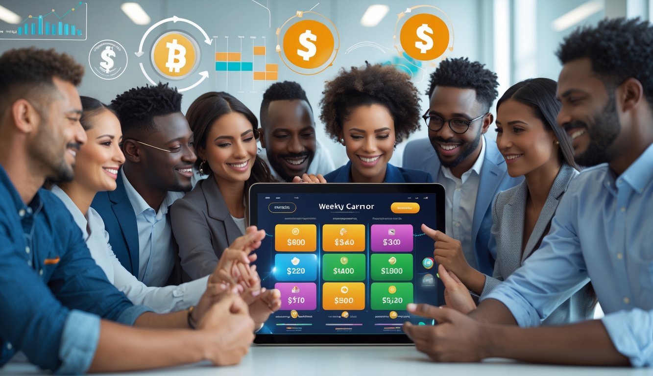 Sekelompok orang yang percaya diri sedang menggunakan perangkat digital untuk bermain togel online dengan suasana kantor modern dan elemen simbol hadiah di latar belakang.