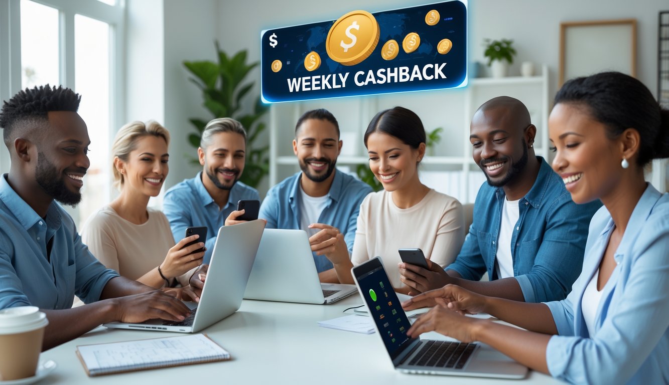 Beberapa orang sedang bermain togel online menggunakan laptop dan ponsel di ruang modern dengan suasana cerah dan ekspresi senang.