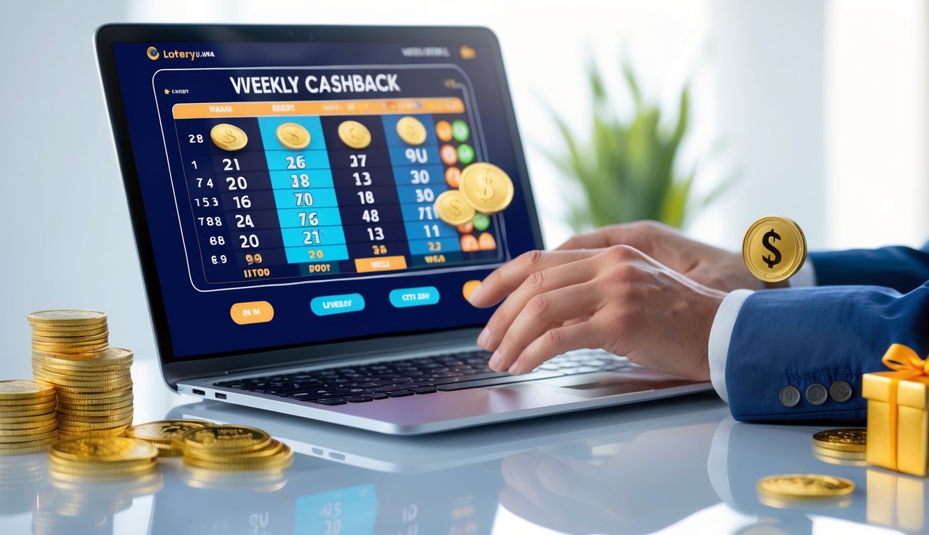 Orang menggunakan laptop dengan tampilan antarmuka permainan togel online dan simbol hadiah seperti koin dan uang di sekitarnya.