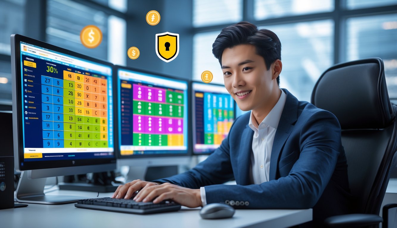 Seorang pria muda duduk di meja dengan beberapa layar komputer yang menampilkan angka togel dan grafik, di kantor modern yang terang.