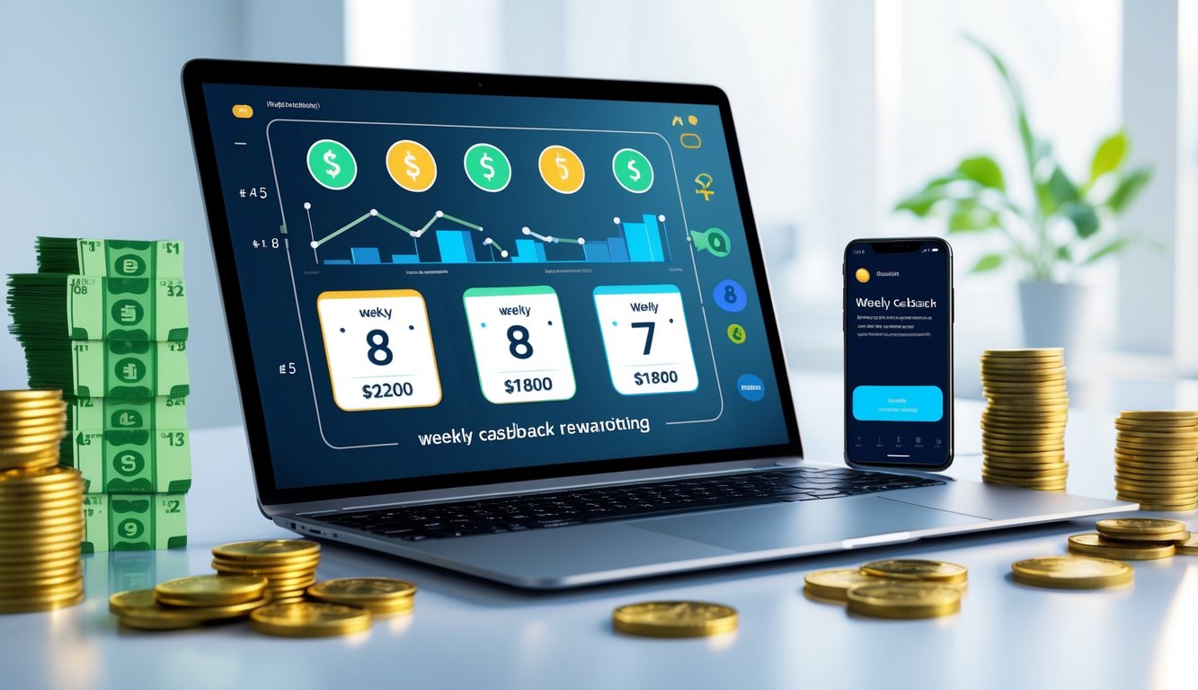 Seorang pria menggunakan laptop di meja kerja dengan layar menampilkan platform togel online dan elemen uang di sekitarnya.