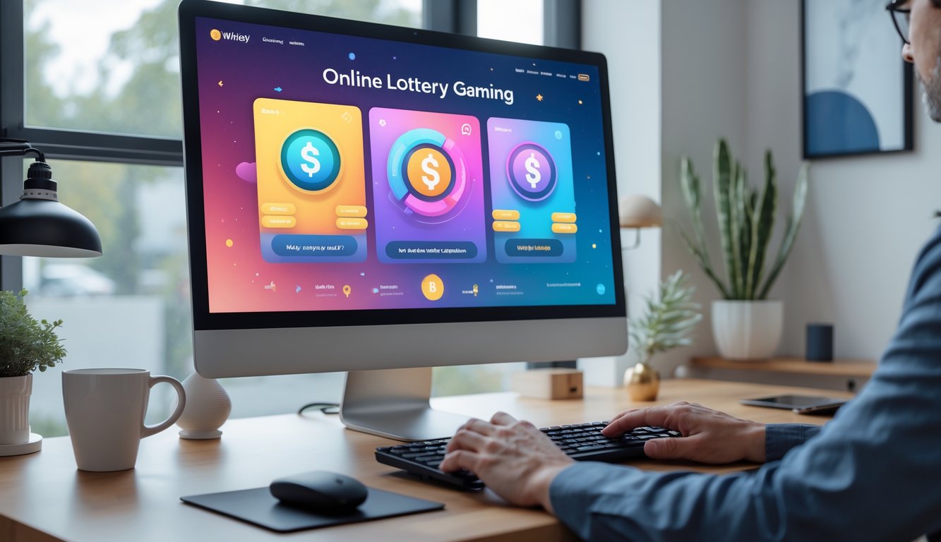 Meja kerja modern dengan komputer yang menampilkan antarmuka permainan togel online, tangan seseorang menggunakan mouse dan keyboard, dengan cahaya alami dan dekorasi sederhana di latar belakang.