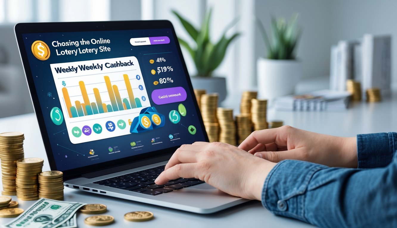 Seseorang menggunakan komputer dengan tampilan situs togel online dan elemen uang di meja dalam ruang kerja yang rapi.