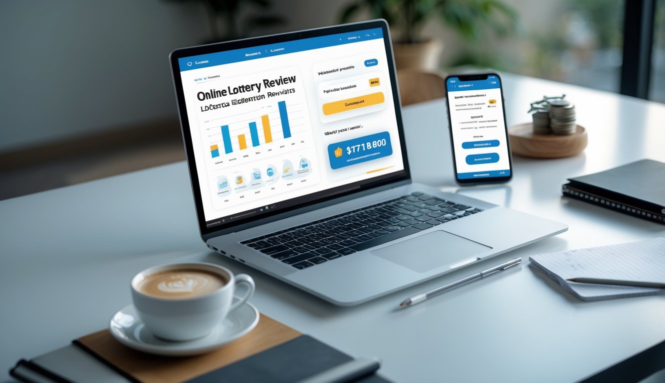 Meja kerja modern dengan laptop dan ponsel yang menampilkan aktivitas terkait ulasan togel online, cashback mingguan, dan pembayaran cepat.
